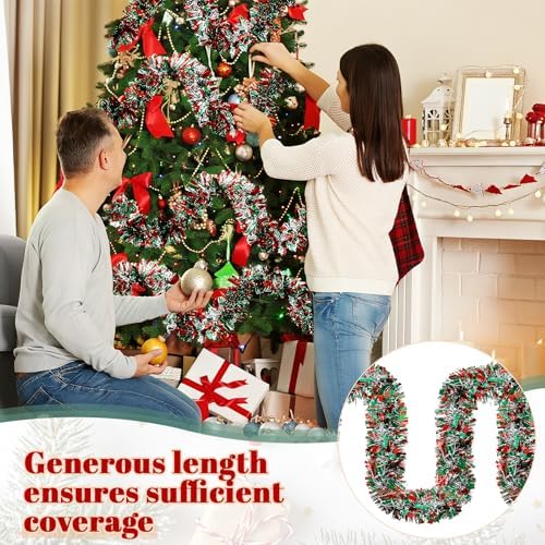 295 feet christmas tinsel garland, red, green, silver, side view