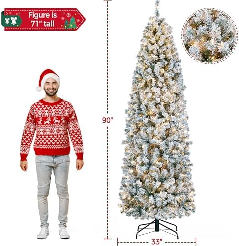 yaheetech 9ft pre-lit snow flocked pencil christmas tree, side view