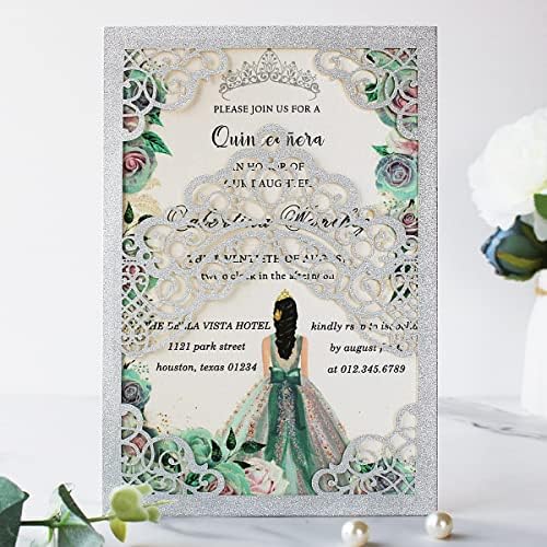 Hosmsua 50PCS 5.1x7.3 Inch Silver Glitter Quinceanera Invitations Cards Laser Cut Floral Crown Pocket Invitation with Envelopes for Birthday Bridal Shower