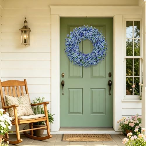 24" blue artificial floral wreath for front door on a desk or shelf