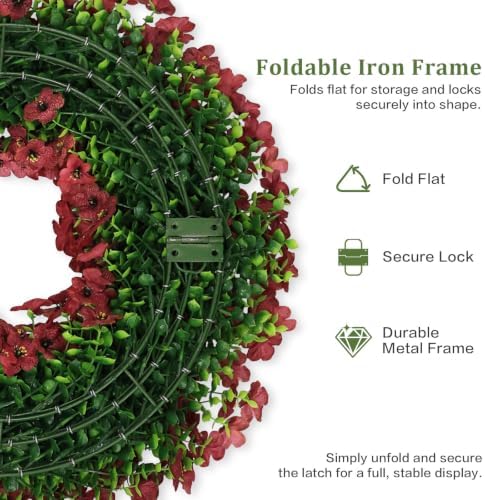 20" burgundy artificial floral wreath for front door, side view