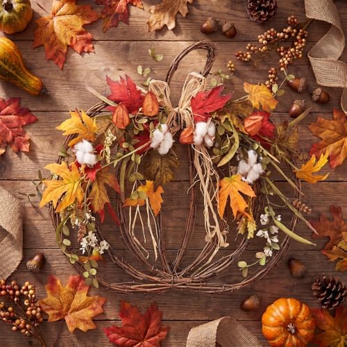 fall pumpkin wreath for front door, grapevine maple showing dimensions