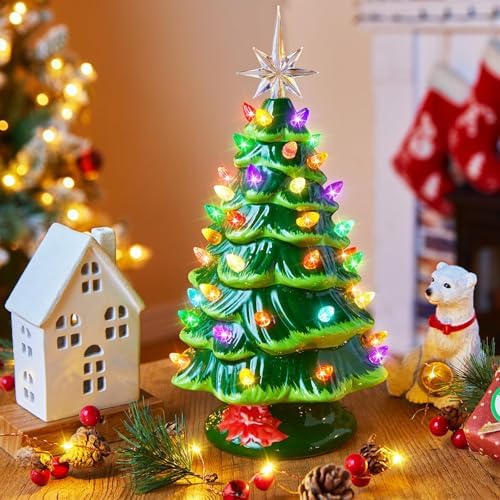 brightown 13 inch ceramic christmas tree, pre-lit tabletop on a desk or shelf