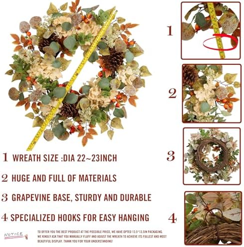 22 in fall hydrangea wreath with eucalyptus, pinecones shown in use