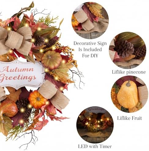 valery madelyn 24'' collapsible pre-lit fall pumpkin wreath, side view