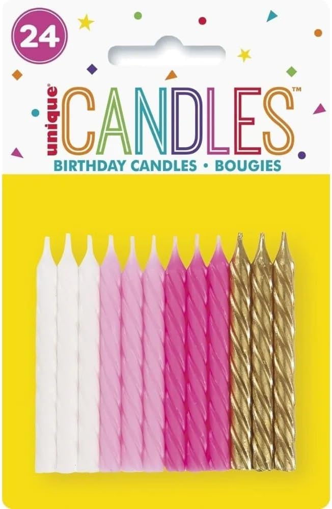 Vibrant Pink White & Gold Spiral Birthday Candles - (Pack of 24) - Premium Quality & Dazzling Assorted Color - Ideal for Birthday Celebrations
