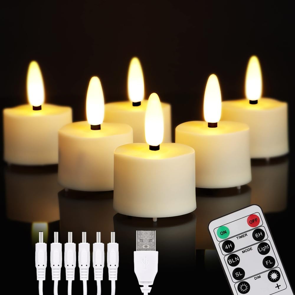 FPOO Rechargeable Tea Lights with Remote Timer, 6 Flameless Votive Candles | USB Rechargeable with remote, 4H/6H timer, and warm LED flicker for votive holders, lanterns, and small spaces.