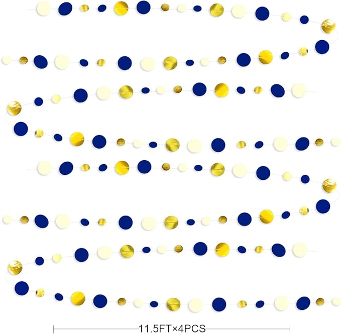 46 Ft Navy Blue and Gold Circle Dots Garland Royal Blue Hanging Paper Polka Dot Streamer for Birthday Wedding Bridal Baby Shower Graduations Nautical Ahoy Achor Pirate Theme Party Decorations Supplies