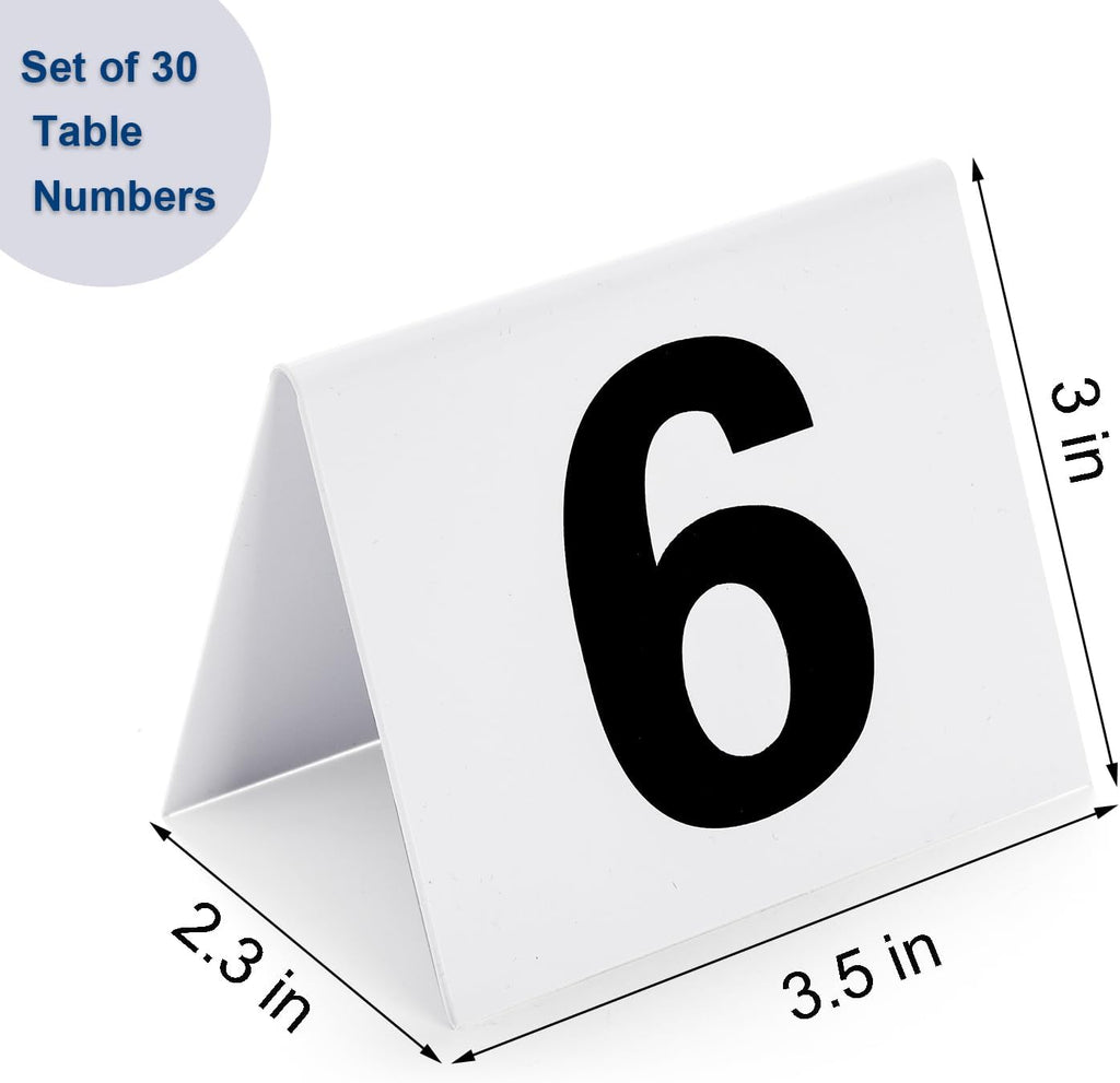 Okllen Set of 30 Restaurant Table Numbers1-30 White, Double Side Acrylic Tent Style Table Numbers for Party, Banquets, Wedding Reception, Events, 3.5"x3"x2.3"