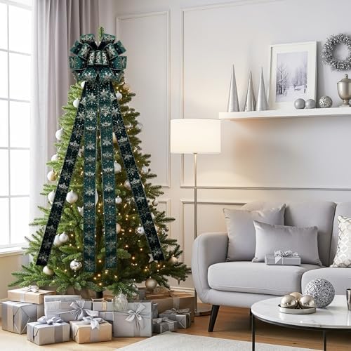 Christmas Tree Topper Bow,48''x 13'' Large Velvet Christmas Wreath Bows Xmas Ornaments with Long Streamer Wired Edge Ribbon for Christmas Decoration (Green)