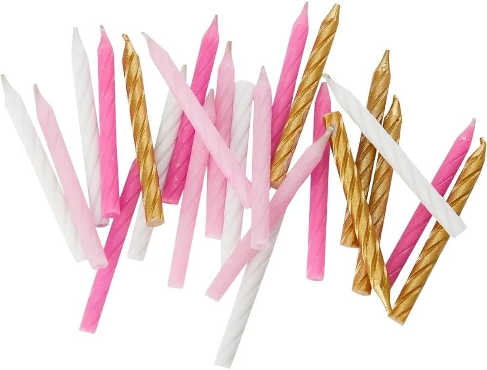 Vibrant Pink White & Gold Spiral Birthday Candles - (Pack of 24) - Premium Quality & Dazzling Assorted Color - Ideal for Birthday Celebrations
