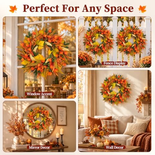 yangrass 24 inch fall harvest wreath for front on a desk or shelf
