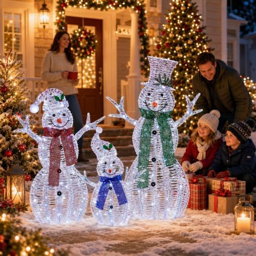 large christmas snowman family decorations with iridescent rattan, close-up detail