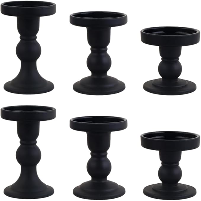 6-Piece Set of Black Glass Candlestick, Crystal Candlestick Holder Holder and Conical Candle, Christmas Candle Holder Decoration, Family Living Room Wedding Candle Holder (black2sets)