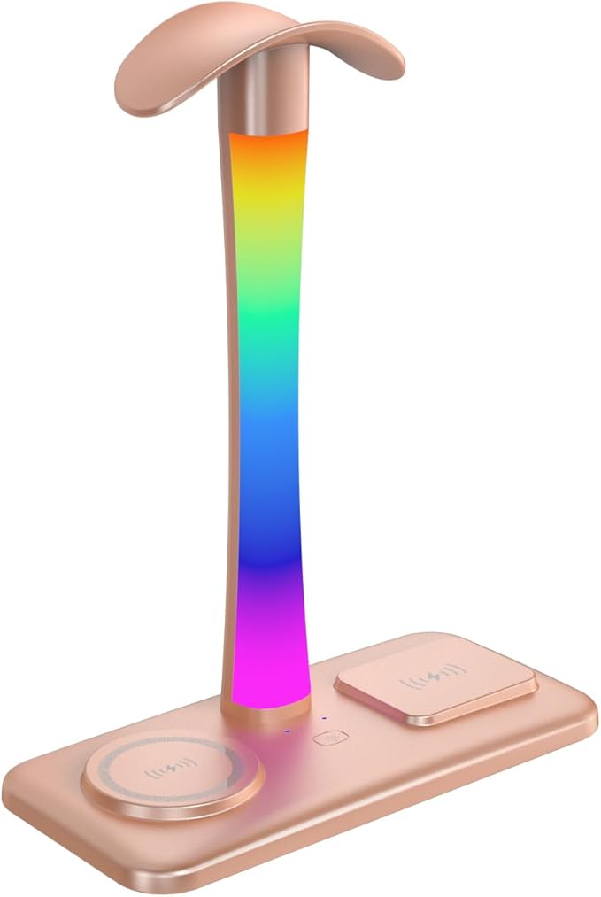 Headphone Stand with Wireless Charger,Gaming HeadsetStand with RGB Light Mode,Airpod MaxStand Compatible with Airpod Pro/3/2,iPhone 16/15/14/13/12/11,Samsung,Gifts for Gamers & Music Lover (Gold)
