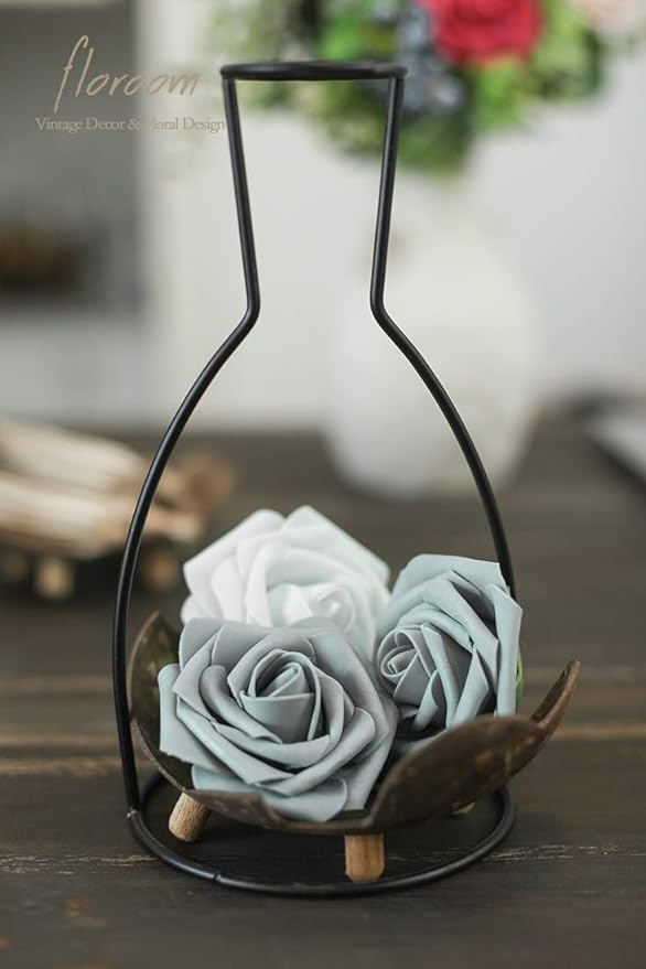 Floroom Artificial Flowers 25pcs Real Looking Silver Grey Foam Fake Roses with Stems for DIY Wedding Bouquets Bridal Shower Centerpieces Floral Arrangements Party Tables Home Decorations