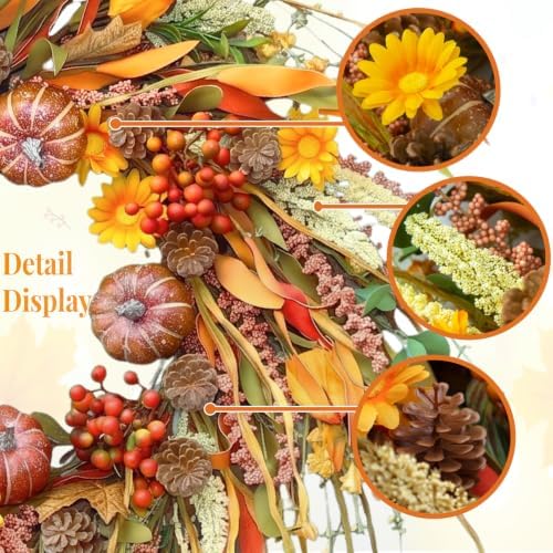 26 inch pumpkin fall wreath for front door, close-up detail