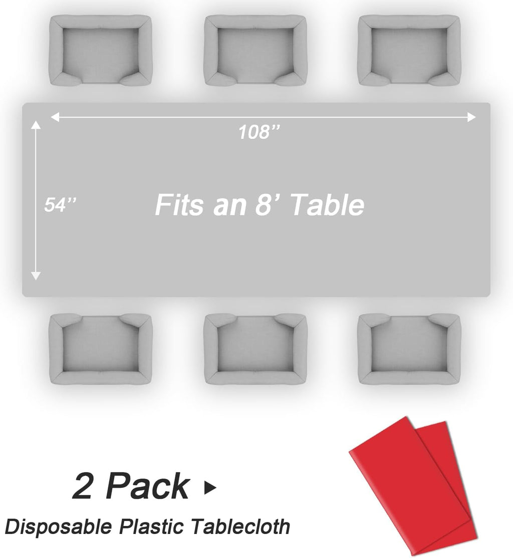 QIKSION Red Plastic Table Cloth Disposable 2 Pack, 54 x 108 Inch Tablecloths for Valentines, Mothers Day, Birthday Party, Christmas Decorations, Rectangle Table Cover