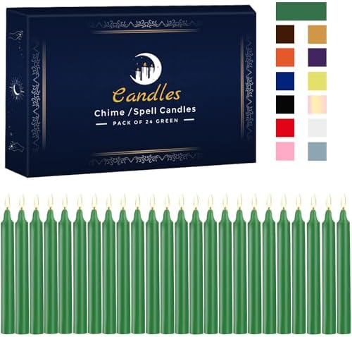 Kunrsug 24 Pack Green Spell Chime Candles – Premium Mini Unscented Taper Candles for Rituals, Prayer, Birthdays, Meditation, Altar, Spells, Chime Candles - 4 Inch Tall - Ideal for Witches