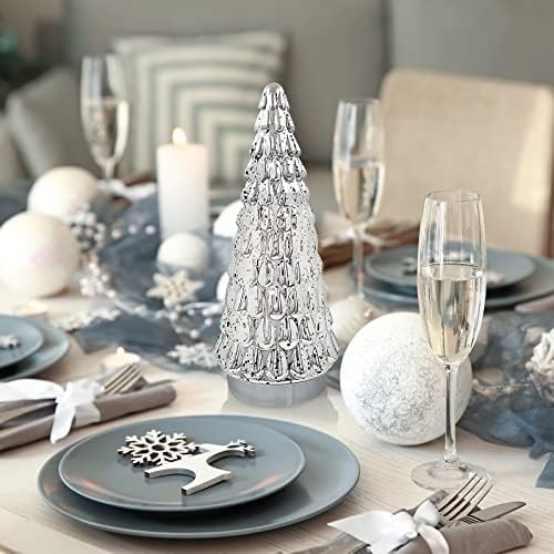 silver tabletop christmas tree 3pcs, small mercury glass, side view