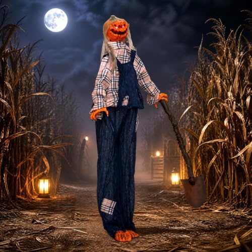 tangkula 5.3 ft animated halloween standing pumpkin scarecrow, close-up detail