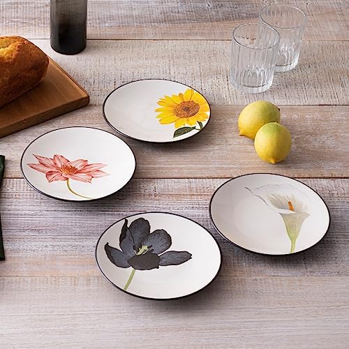 noritake colorwave floral appetizer plates, graphite black, set on a desk or shelf