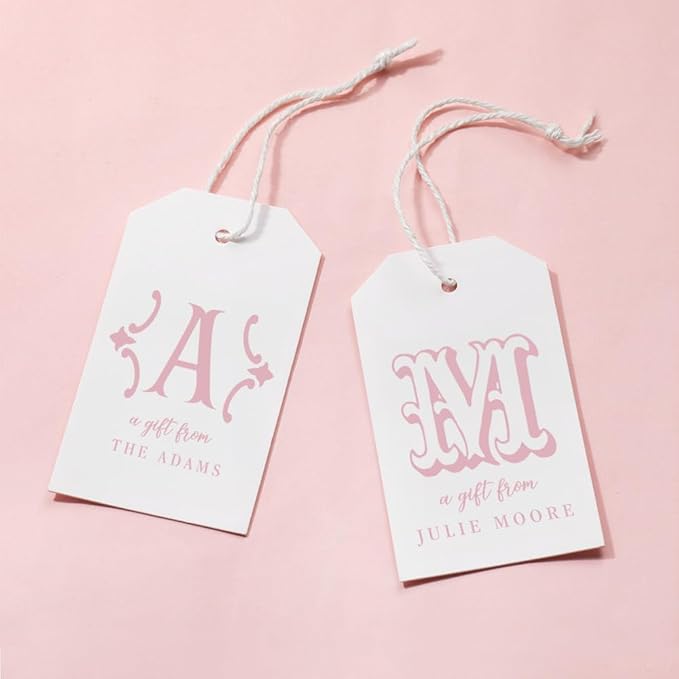 callie Personalized Monogrammed Gift Tags with String Attached, Custom Name White Paper Gift Tags for Wedding Favors, Birthday, Bridal Shower, 24PCS