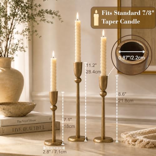 PERFNIQUE Gold Candle Holders for Candlesticks Set of 3, Cast Iron Decor