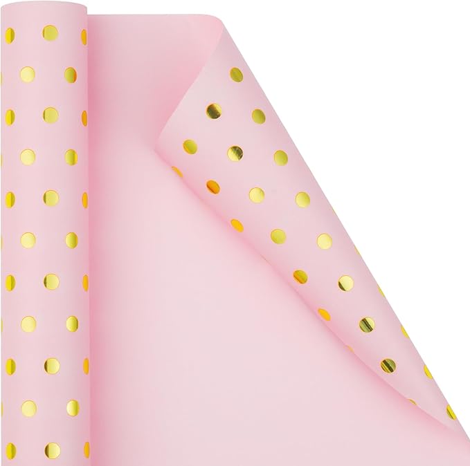 Flyhill Pink Wrapping Paper Roll,Reversible Mini Roll Gold Foil Polka Dot Gift Wrap for Birthday,Girls,Baby Shower,Wedding (17 Inch X 32.8 Feet)