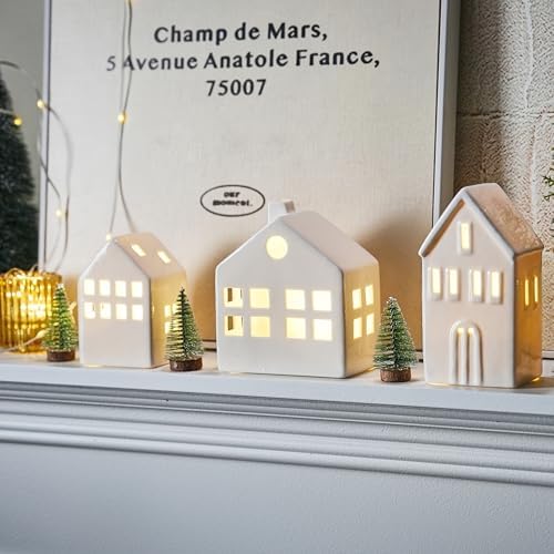 ceramic christmas village houses, white christmas houses with, front angle view
