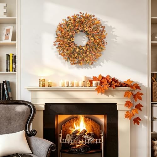 ghrdopy 24 inch fall wreath front door, artificial, side view