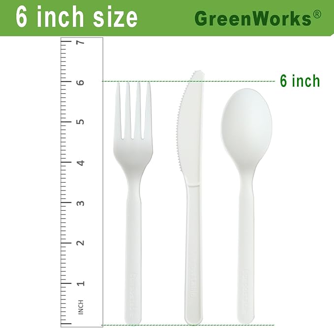 GreenWorks 6" Compostable CPLA Cutlery Kits, BPI Certified 200 Sets (Fork, Spoon,Knife,Napkin 4 in 1) Individually Wrapped With Compostable Bags，Alternative to Plastic Disposable Utensils