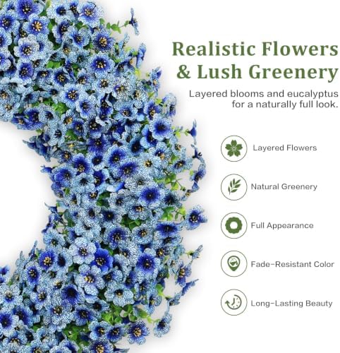 24" blue artificial floral wreath for front door, close-up detail