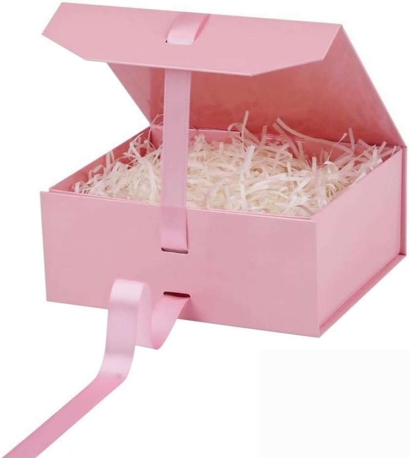 GoooodGift Pink Gift Box with Ribbon 1 Pcs 8x7X3.3 Inch Small Gift Box with Lid Magnetic Closure Rectangle Collapsible Luxury Gift Boxes for Mother's Day、Birthdays、Shredded Paper Filler
