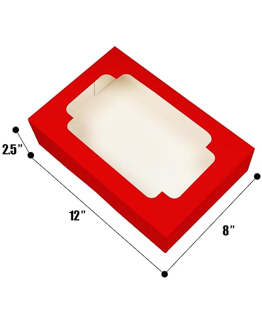 qiqee Auto-pop up Red Cookie Box with Window 12x8x2.5 inch 32 Packs Two Uses One Second Folding Pastry Biscuit Bakery Box for Packaging