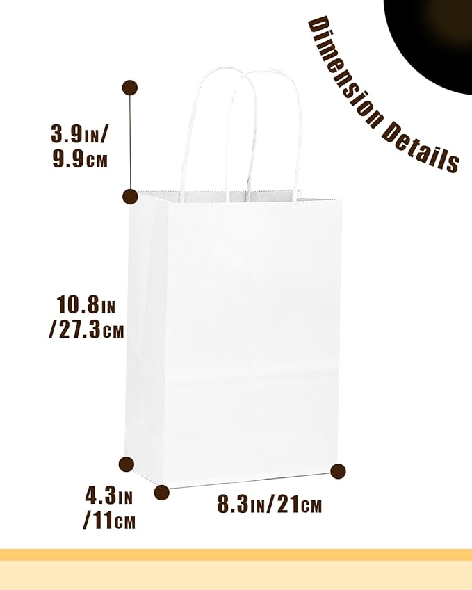 qiqee 50-Packs White Paper Gift Bags with Handles Bulk 11"x8.3"x4.3" Medium Size Paper Bags Multiple Uses