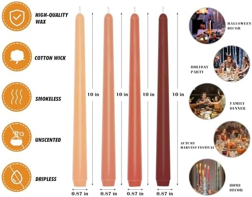 12-Pack Earth Tone Taper Candles, 10 Inch Unscented Dripless Candlesticks, Long-Lasting Burn Time of 7-8 Hours, Perfect for Fall Harvest Halloween Thanksgiving Dinners Parties and Home Décor