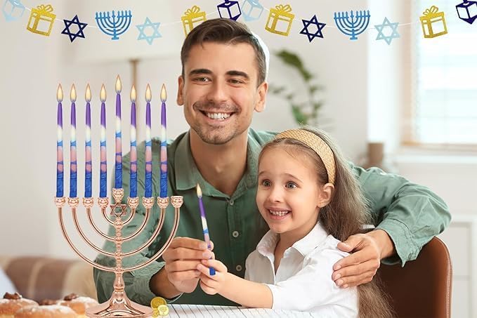 The Dreidel Company 45 Dripless Hanukkah Candles Blue and Pink Multi Splash, Premium Tapered Hand Decorated 1-Hour Burn Time Deluxe Tapered Hanukkah Candles