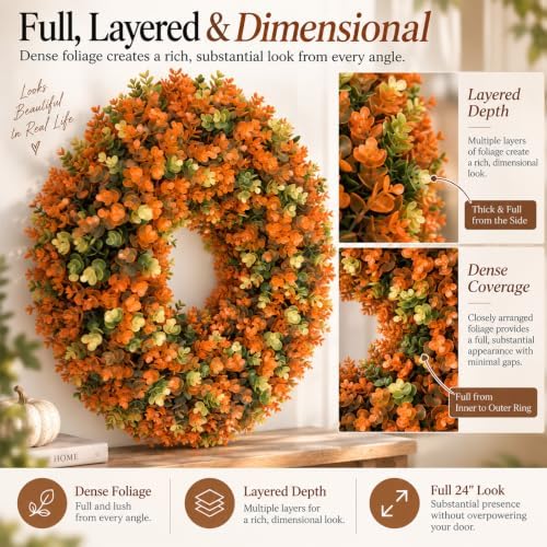 fall wreaths for front door, 24 inch faux showing dimensions
