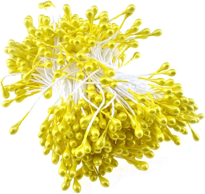 HAHIYO 700Pcs 3mm Yellow Gold Pearl Double Head Flower Pistil Hand-Made Artificial Pistil para Flore Pearlized Floral Stamen Pollen for Flower Making Scrapbook Decoration