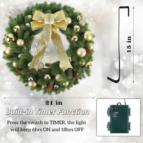 hausse 21" lighted christmas wreath with metal hanger, close-up detail