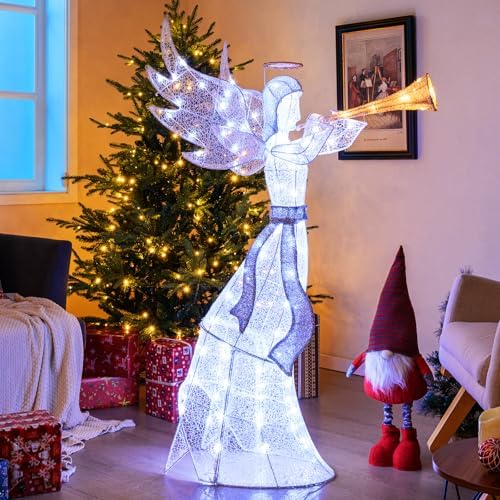 tangkula 5 ft christmas lighted angel with trumpet, close-up detail