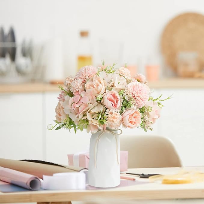 LESING Artificial Peony with Vase Silk Flowers Bouquets Fake Hydrangea Bulks for Home Table Centerpieces Wedding Decoration(Pink-1)