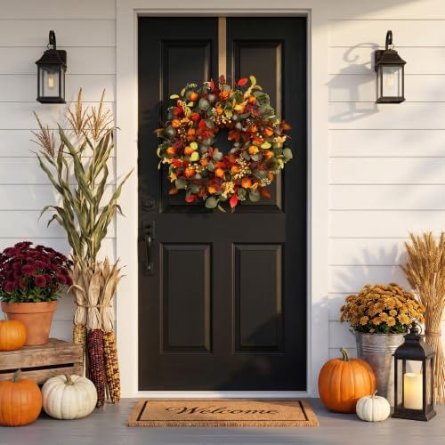 fall eucalyptus lantern pods wreath 22 inch front shown in use