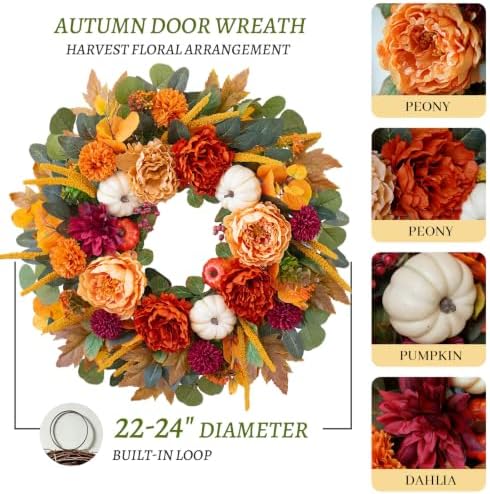 24 inch fall wreaths for front door with, close-up detail