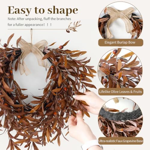 fall olive wreaths for front door,22'' autumn front showing dimensions