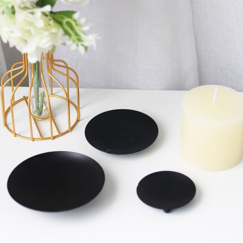 Iron Black Candle Holder Decorative Pillar Plate Tray Base 7cm 3Pcs | For Wedding Party, For Holiday Banquet, Art Gift, Cup Accessories