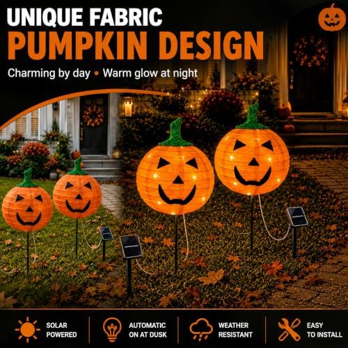 solar halloween pumpkin stake light with 8 lighting shown in use