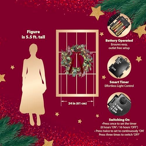 24 inch pre-lit artificial christmas wreath for front, side view