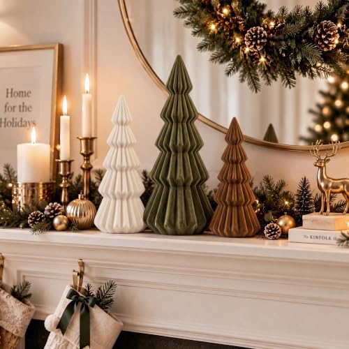 set of 3 velvet ceramic christmas tree decor on a desk or shelf